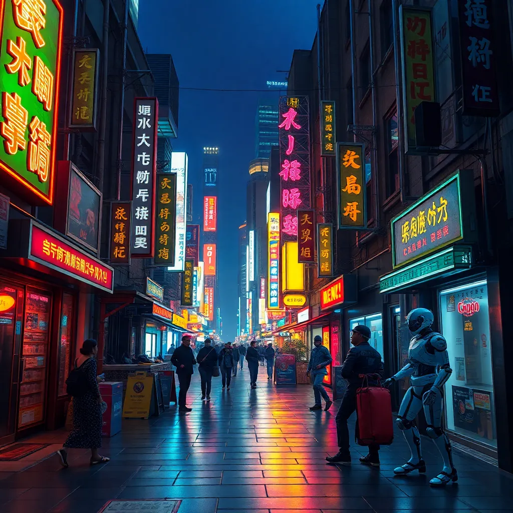 A bustling city street at night with bright neon signs, people walking, and a futuristic atmosphere.