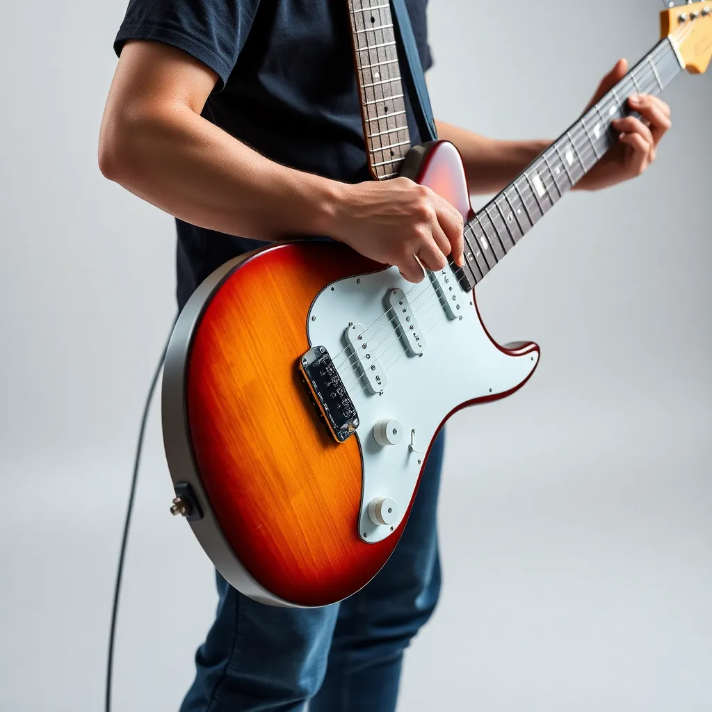 A person playing a vintage electric guitar with a focused expression.