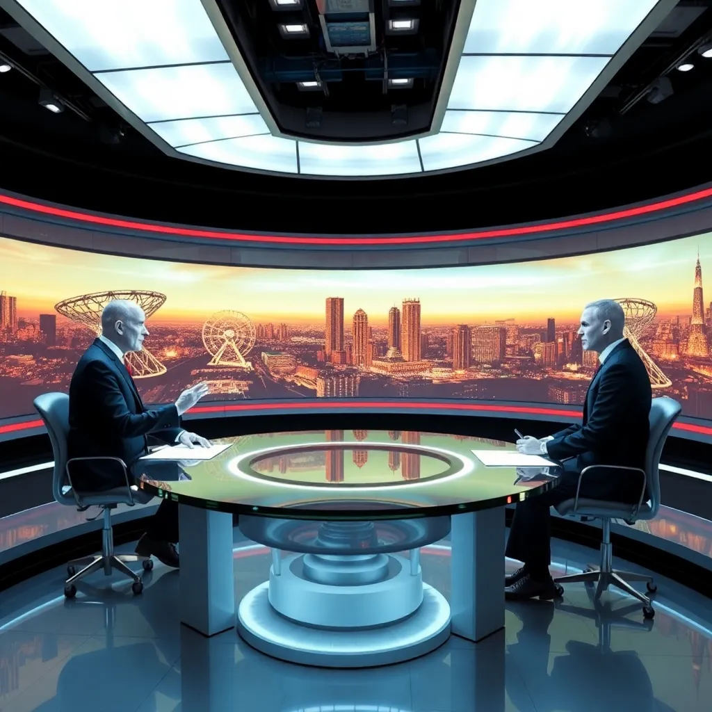 Futuristic control room with screens displaying data and a cityscape in the background.