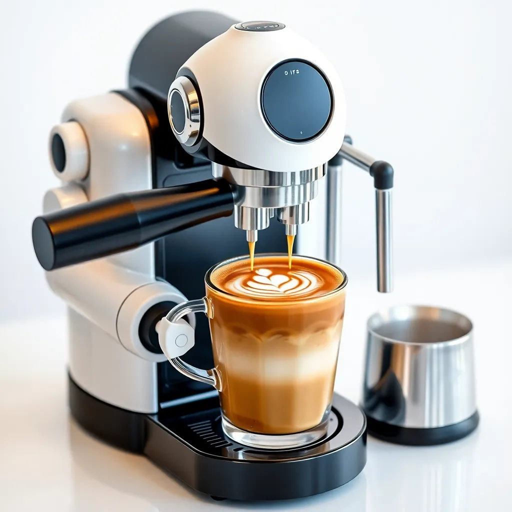 A white robot with a screen face serving a latte to a person in a cafe.