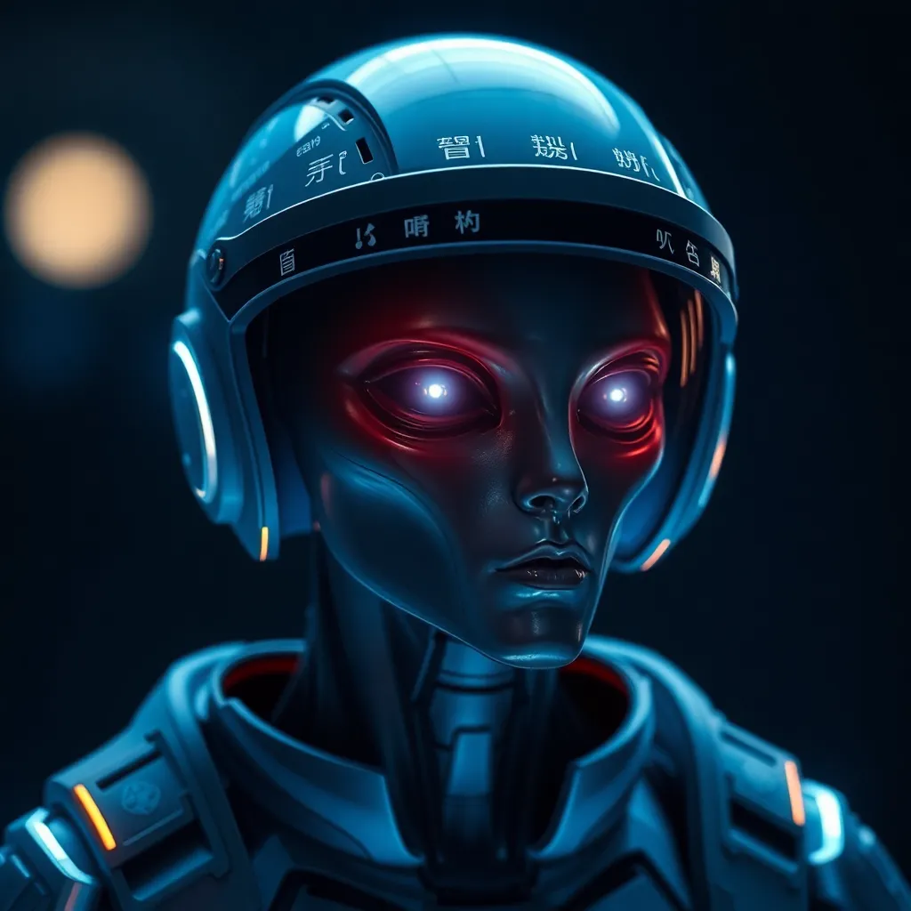 A person wearing a dark helmet with glowing red eyes in a futuristic setting.