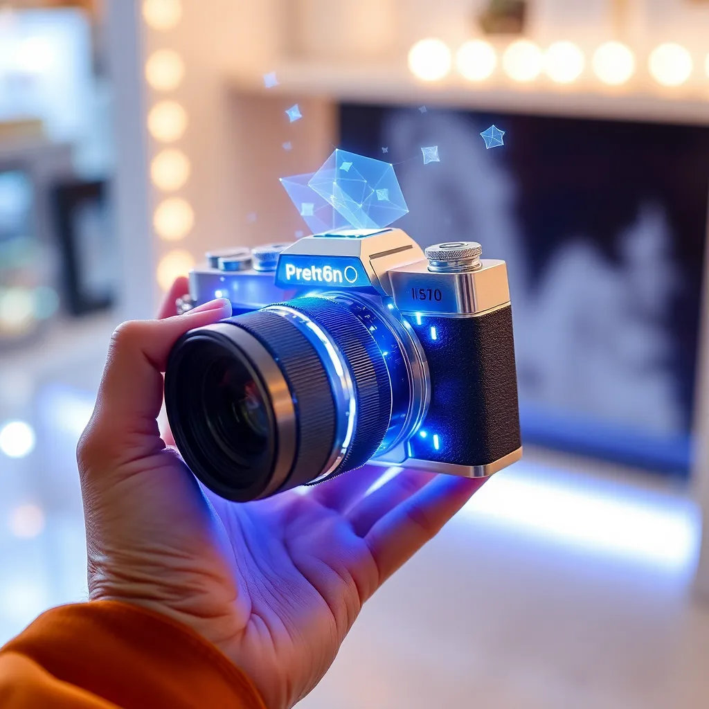 A hand holding a futuristic camera emitting a blue light on a blurred background.