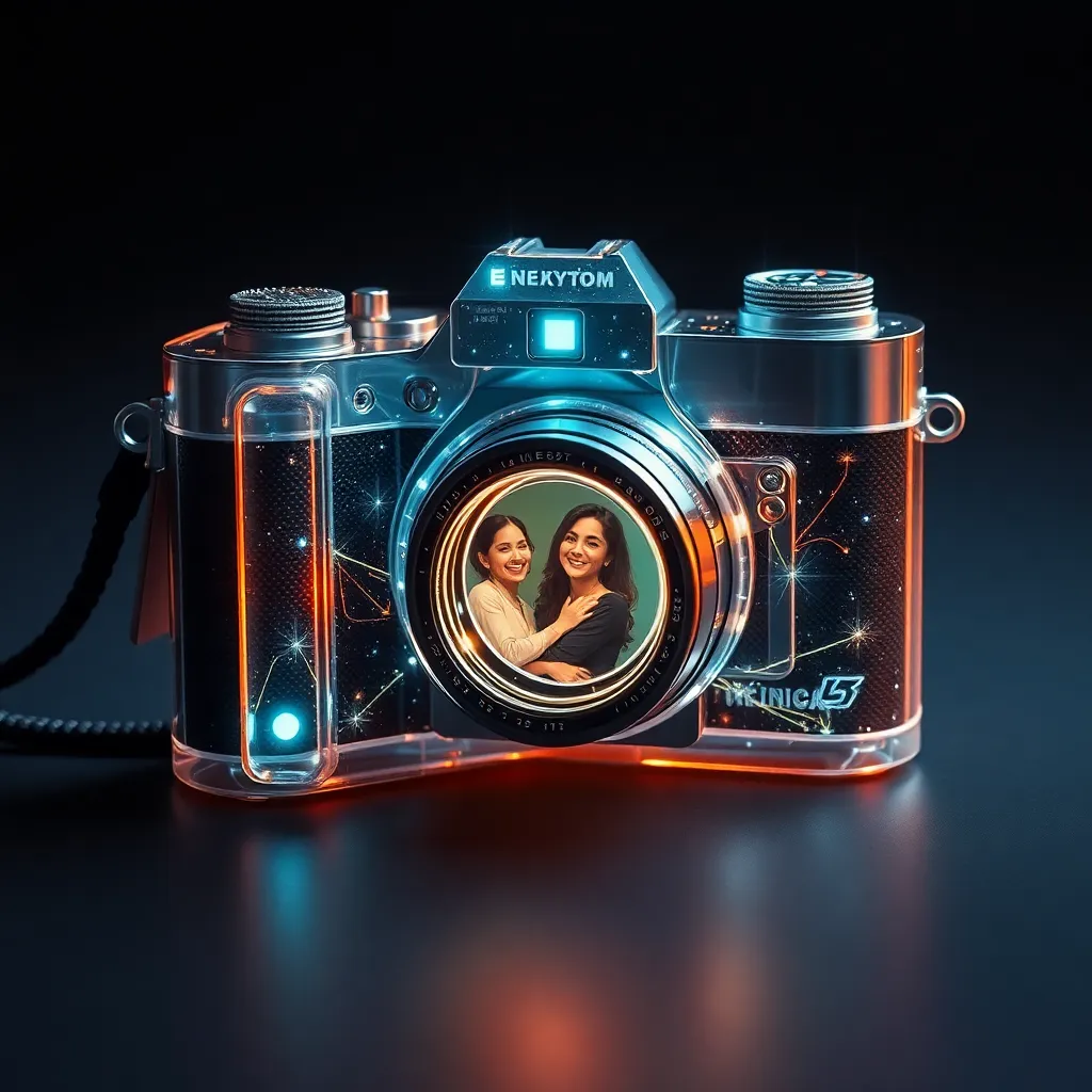 A transparent camera with a glowing, intricate interior mechanism on a dark background.