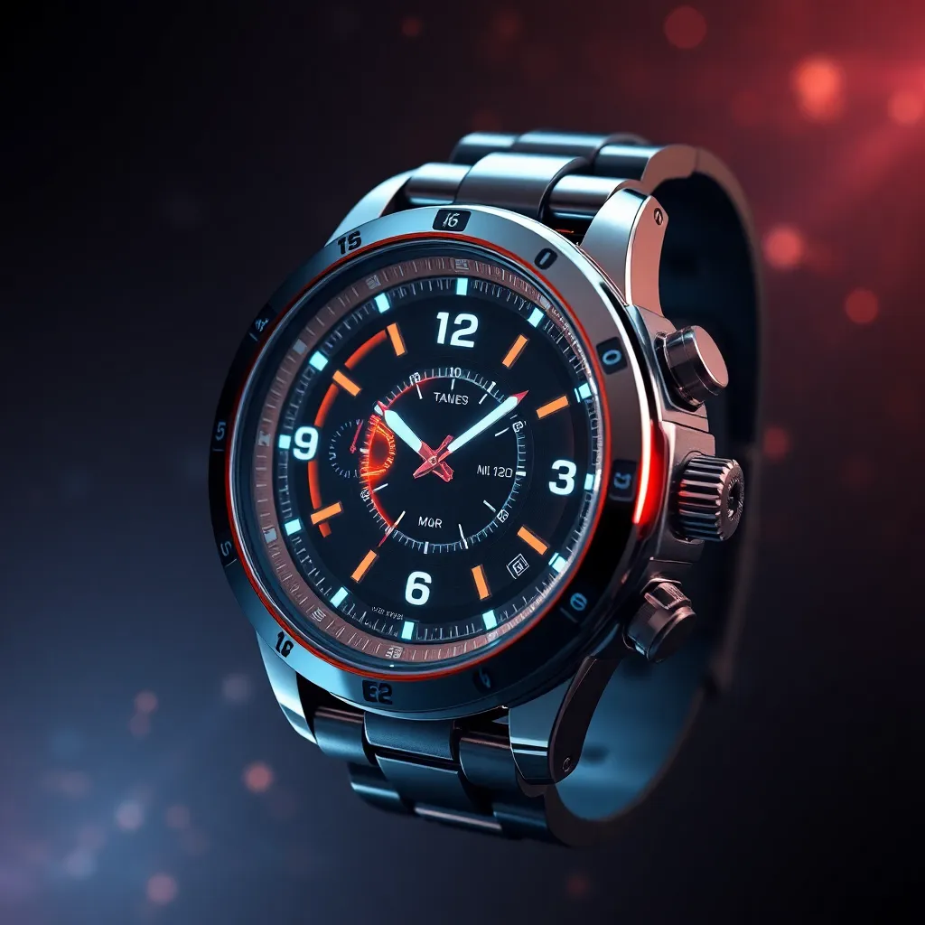 A metallic smartwatch with a round face and a colorful, abstract background.