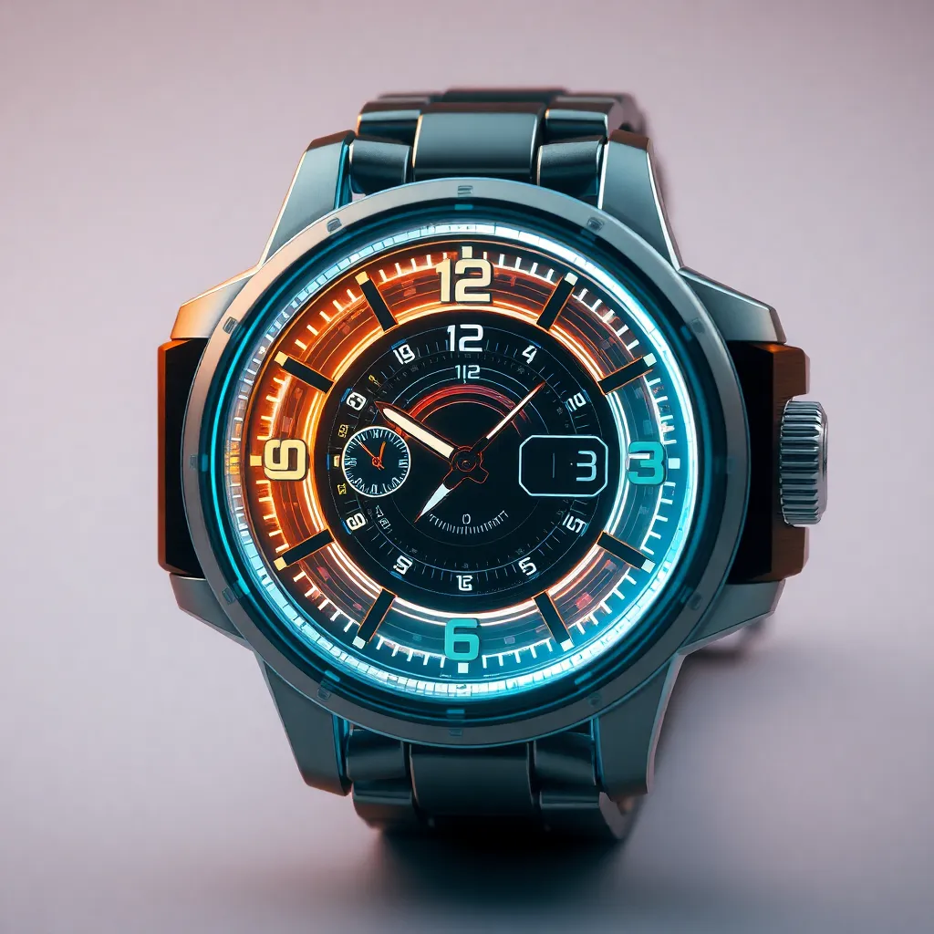 A silver and dark gray smartwatch with a detailed, glowing interface on a light background.