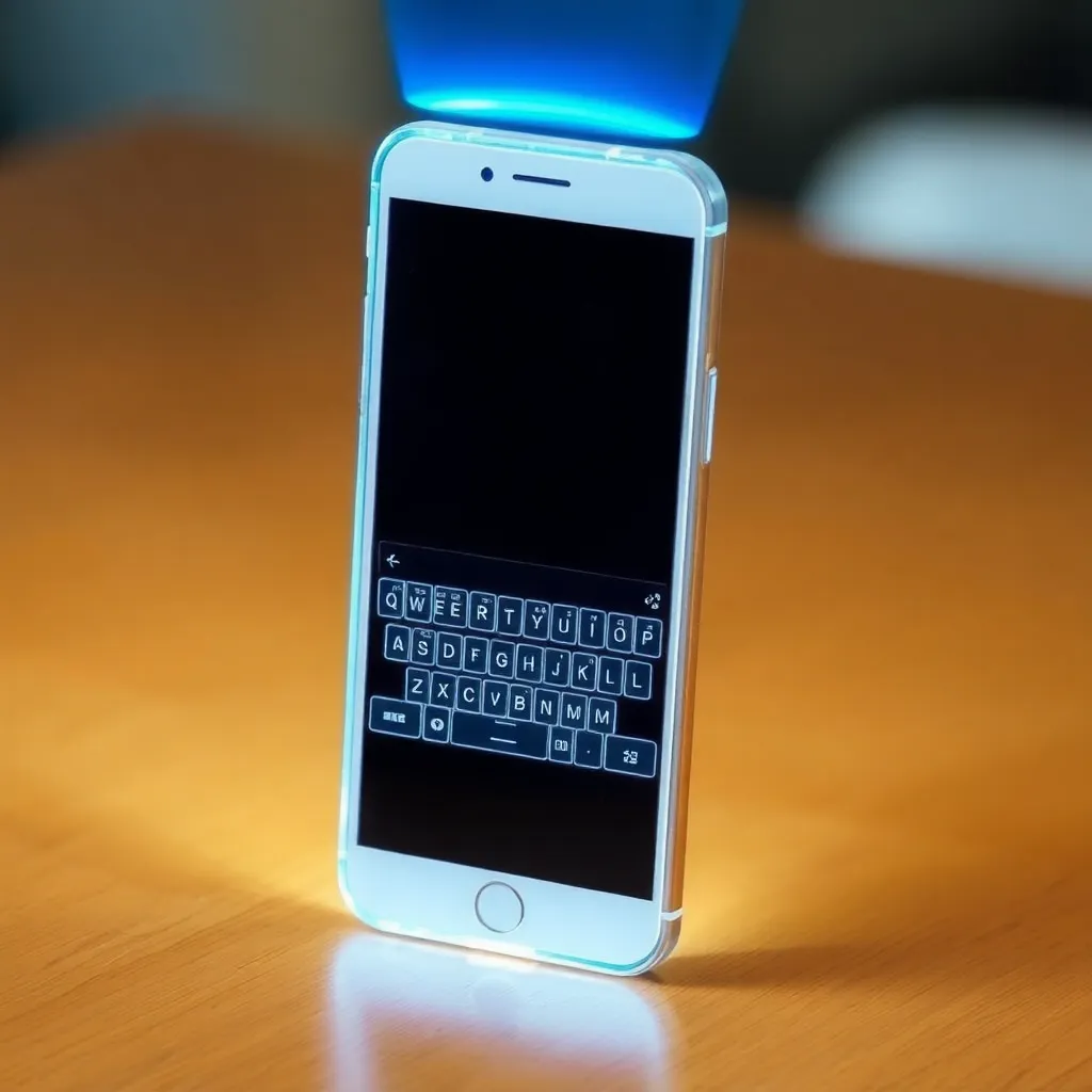 A white smartphone lying on a table, displaying lines of code on its screen with a bright light above.