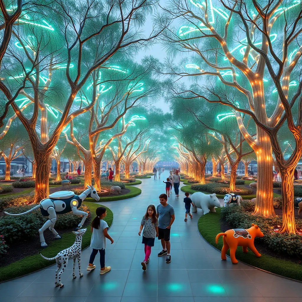 Two people walk with glowing orbs in a bright, tree-lined futuristic park with other people in the distance.