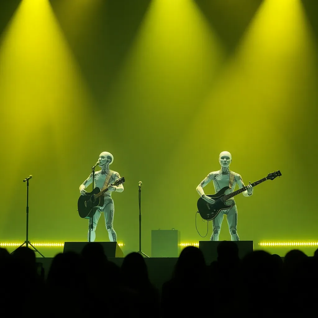 Three humanoid robots playing electric guitars on a stage with bright yellow lighting.