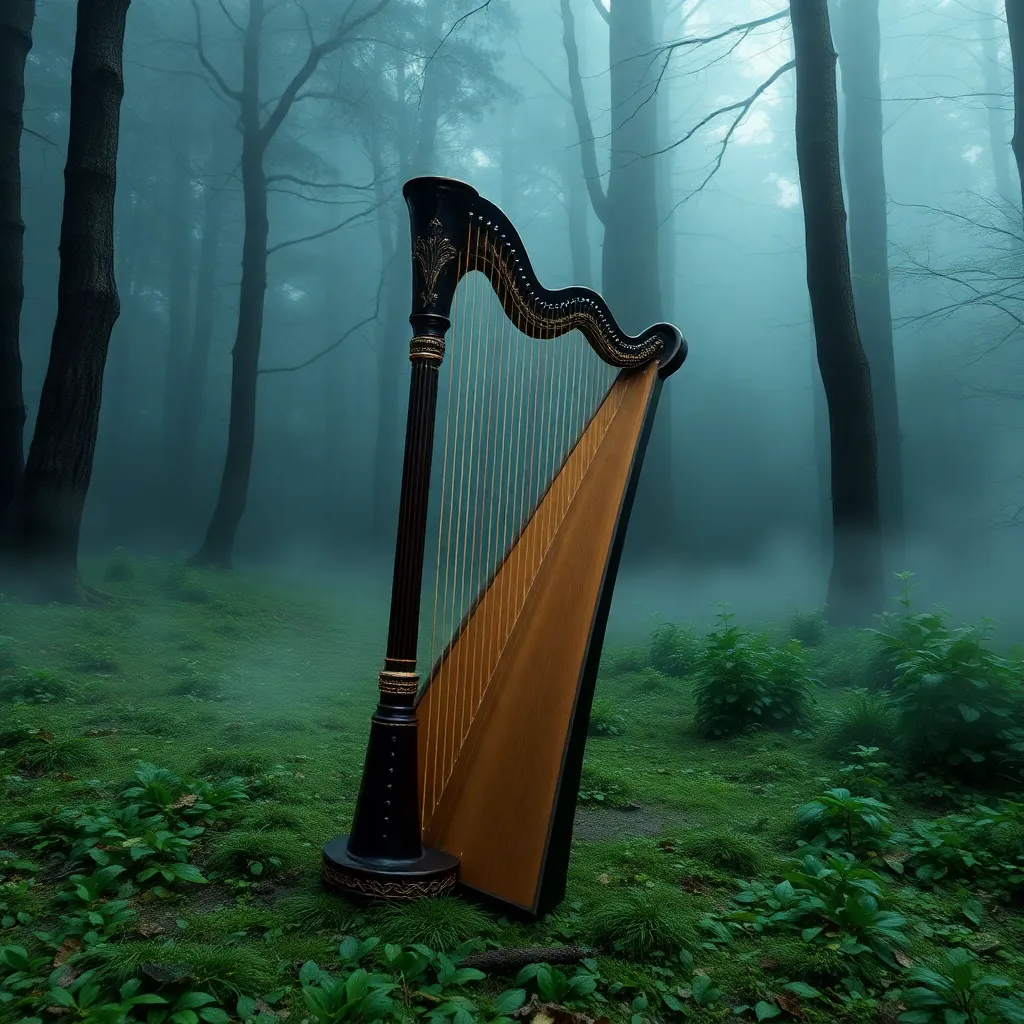 A wooden harp stands alone in a misty, green forest.