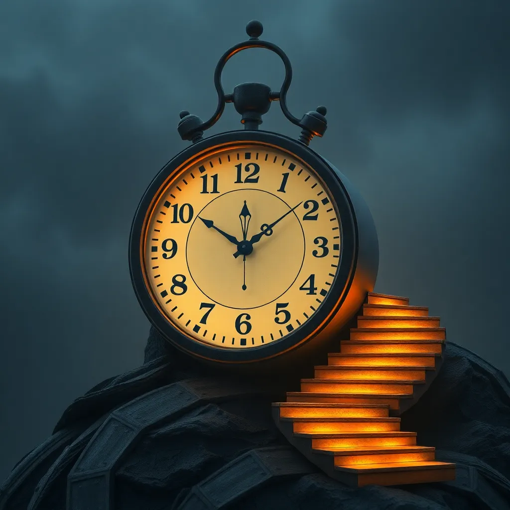 An antique clock with a glowing face in a dark, mysterious setting.
