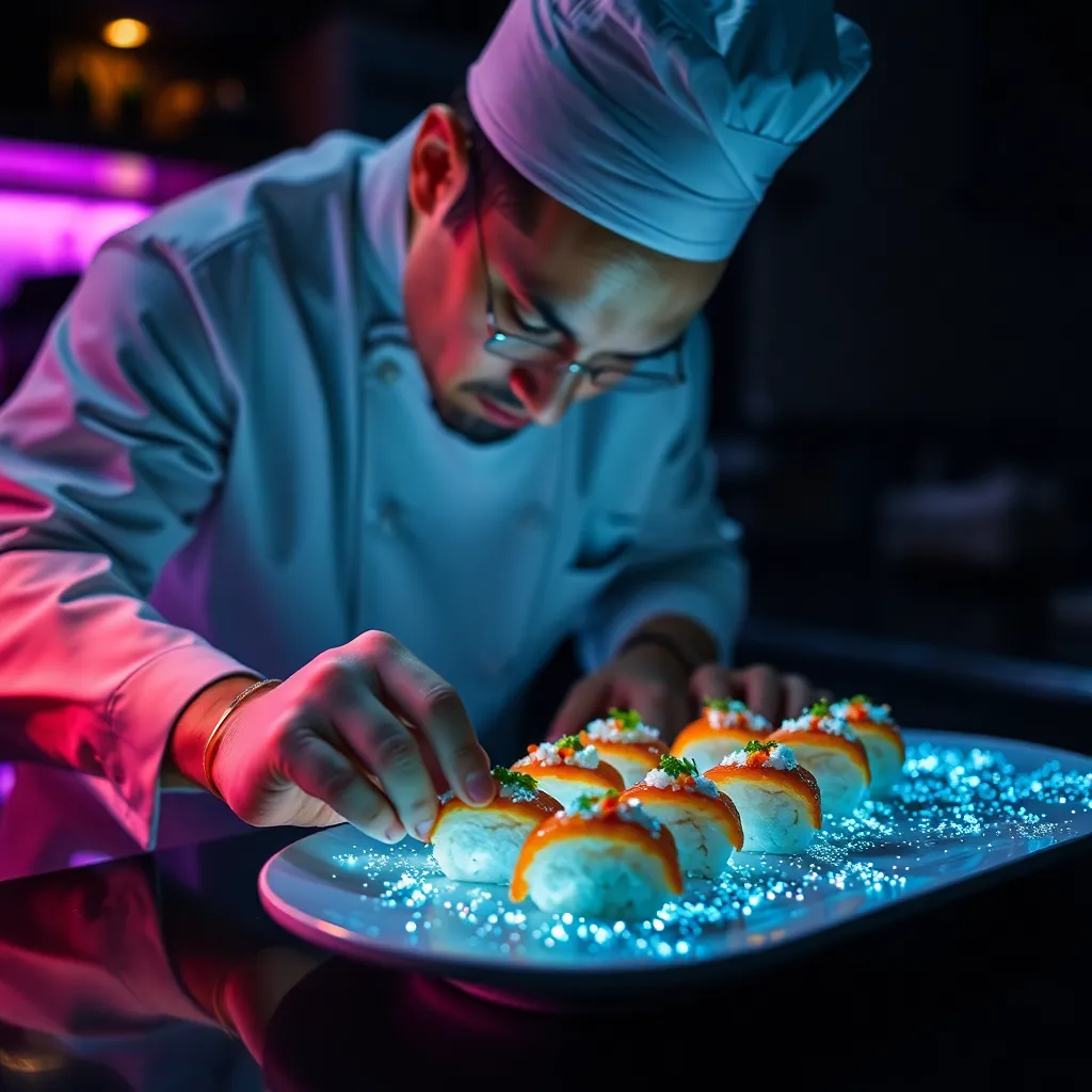 A person in a blue shirt preparing food on a plate with colorful ingredients.