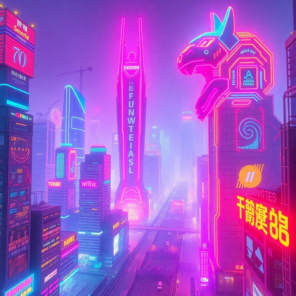 A futuristic cityscape with glowing buildings and vibrant neon lights.