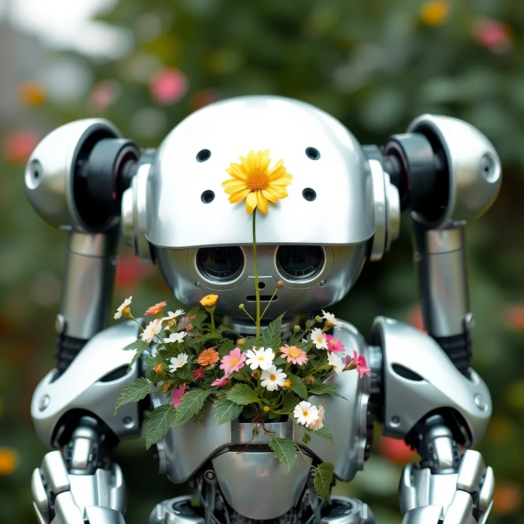 A sleek, white robot with a friendly face and floral decorations.