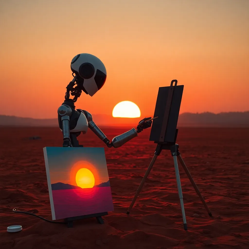 A robot artist painting a sunset on a canvas in a desert landscape.