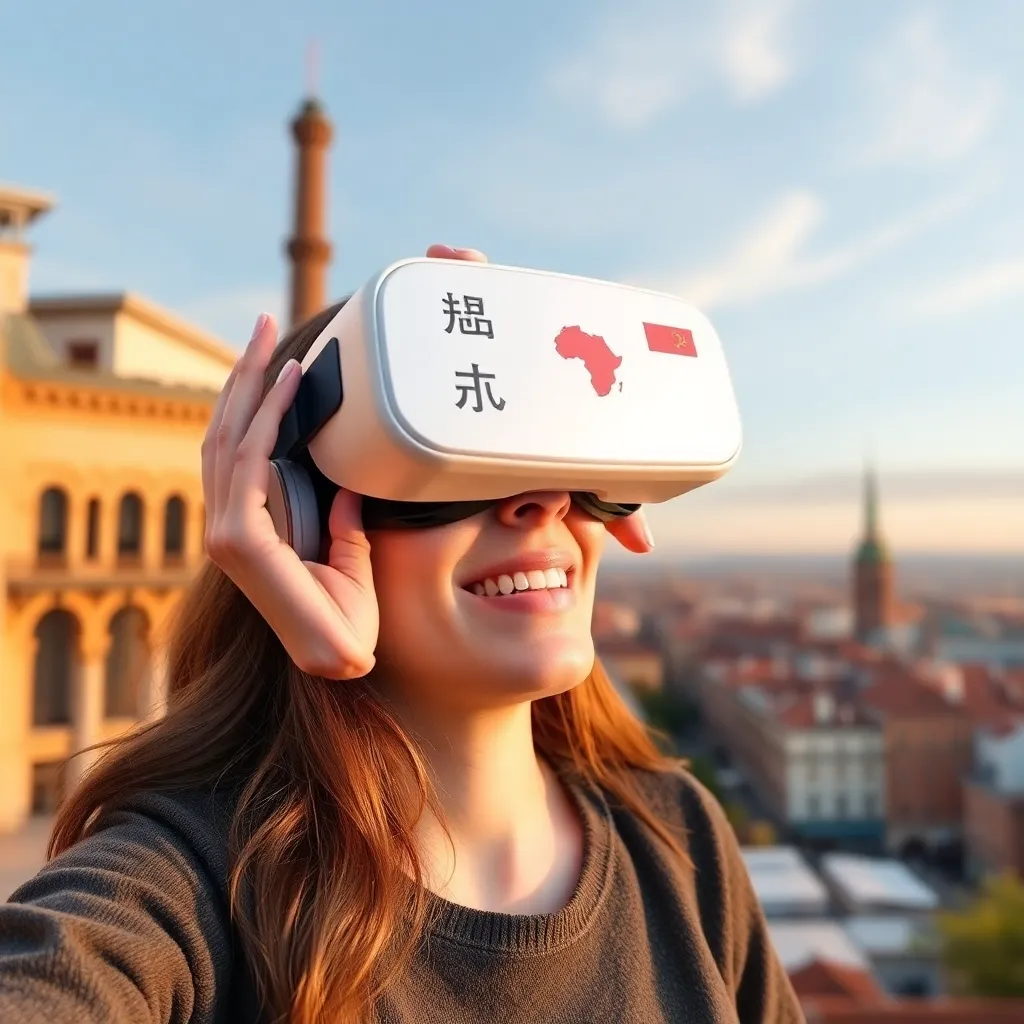 A person wearing a virtual reality headset smiles against a blurred cityscape background.