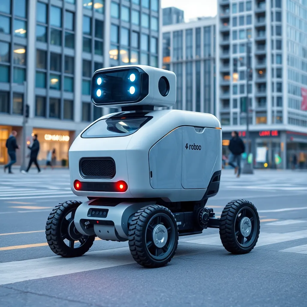 A small, white delivery robot with wheels navigating a city street.