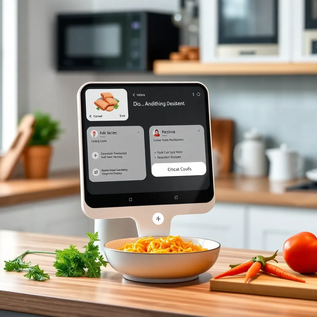 A digital display showing a recipe and instructions in a modern kitchen setting.