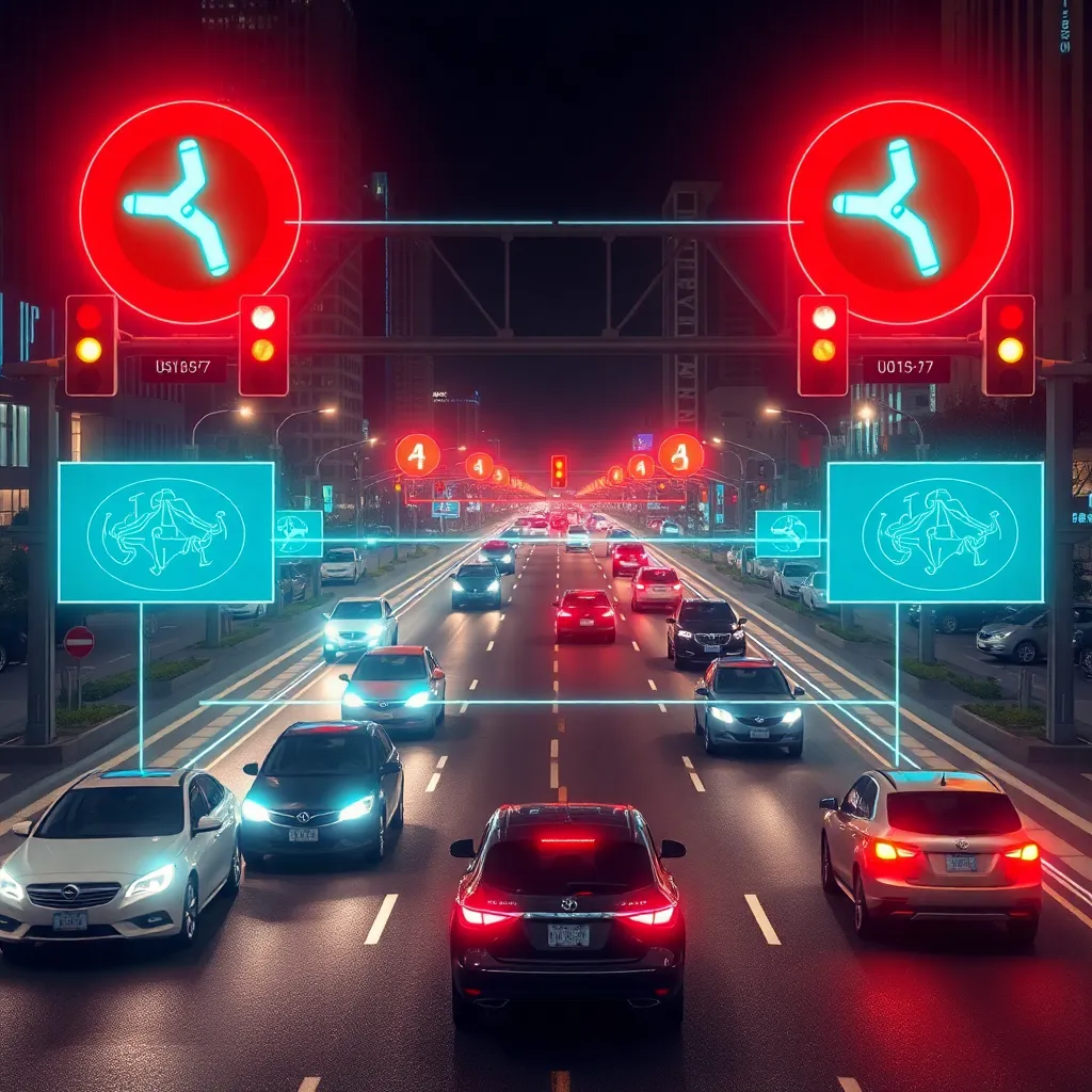 Traffic lights and car headlights illuminate a busy road at night.