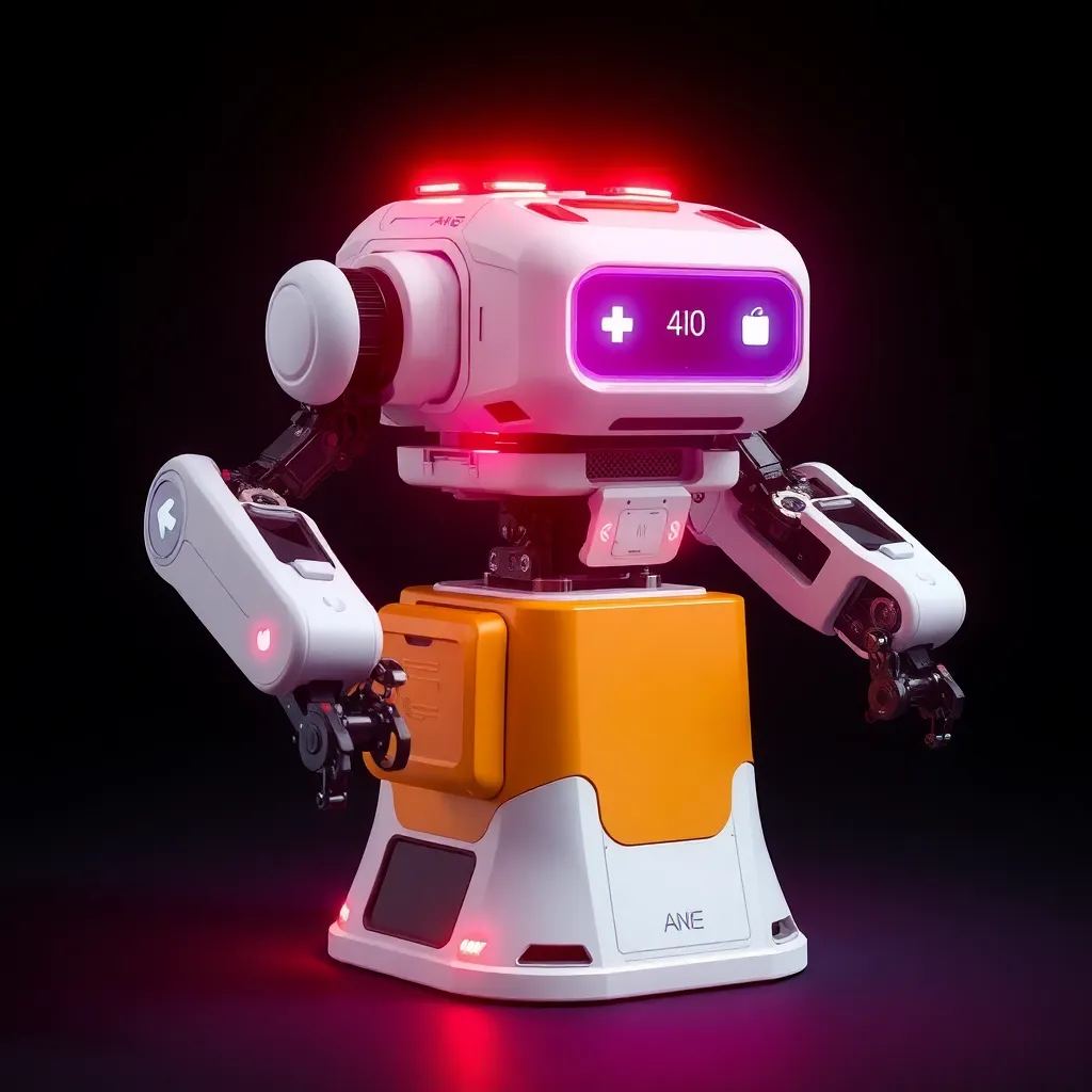 A small, white robot with a glowing face and colorful details stands on a table.