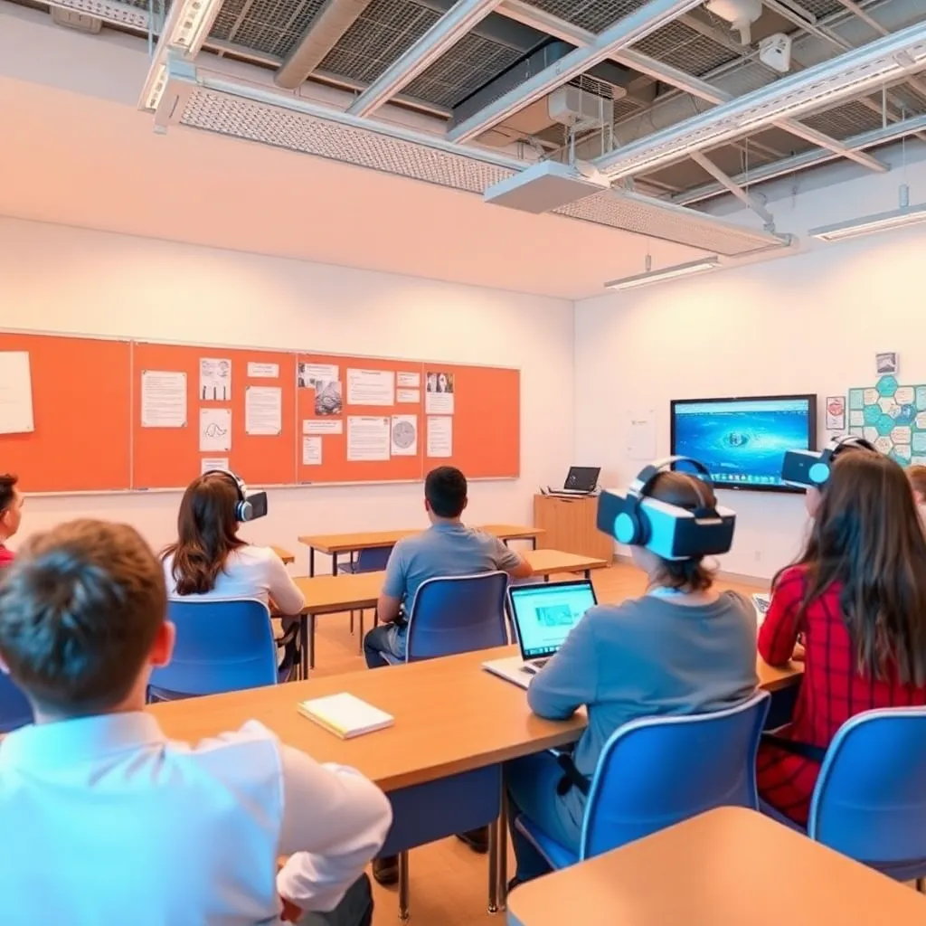 Students wearing virtual reality headsets sit at desks in a modern classroom.