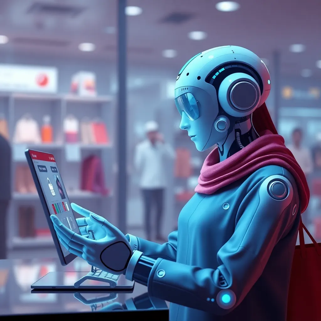 A humanoid robot wearing a scarf and headphones studies a book in a futuristic library.