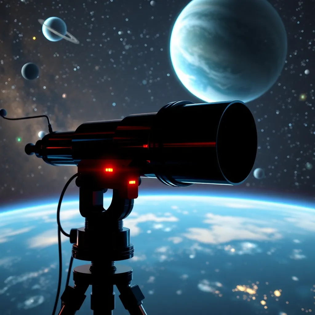 A futuristic telescope pointed towards Earth from a space station with planets and stars visible.