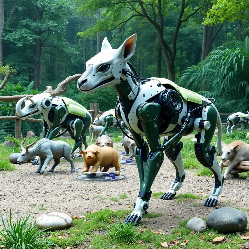 Robotic dog walking alongside real sheep in a grassy field.