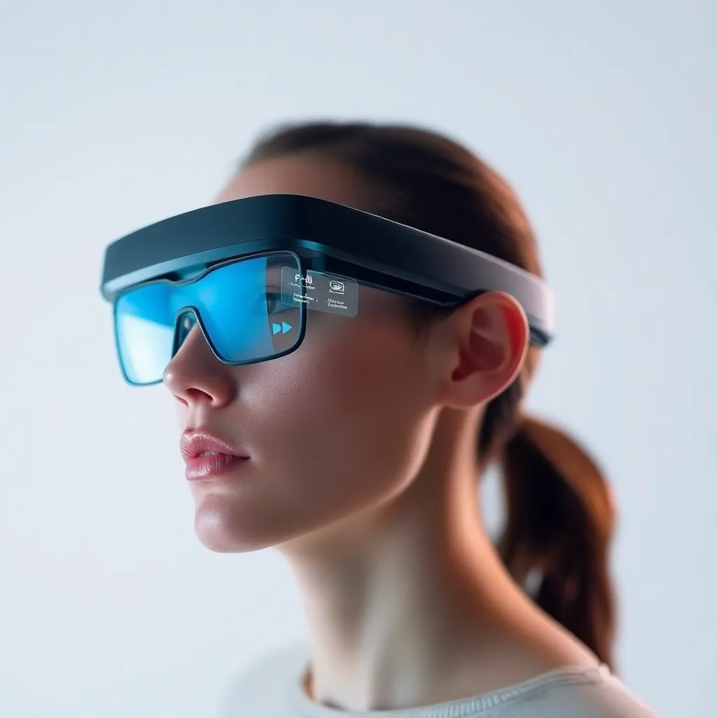 A woman wearing a sleek, black augmented reality headset with a focused expression.