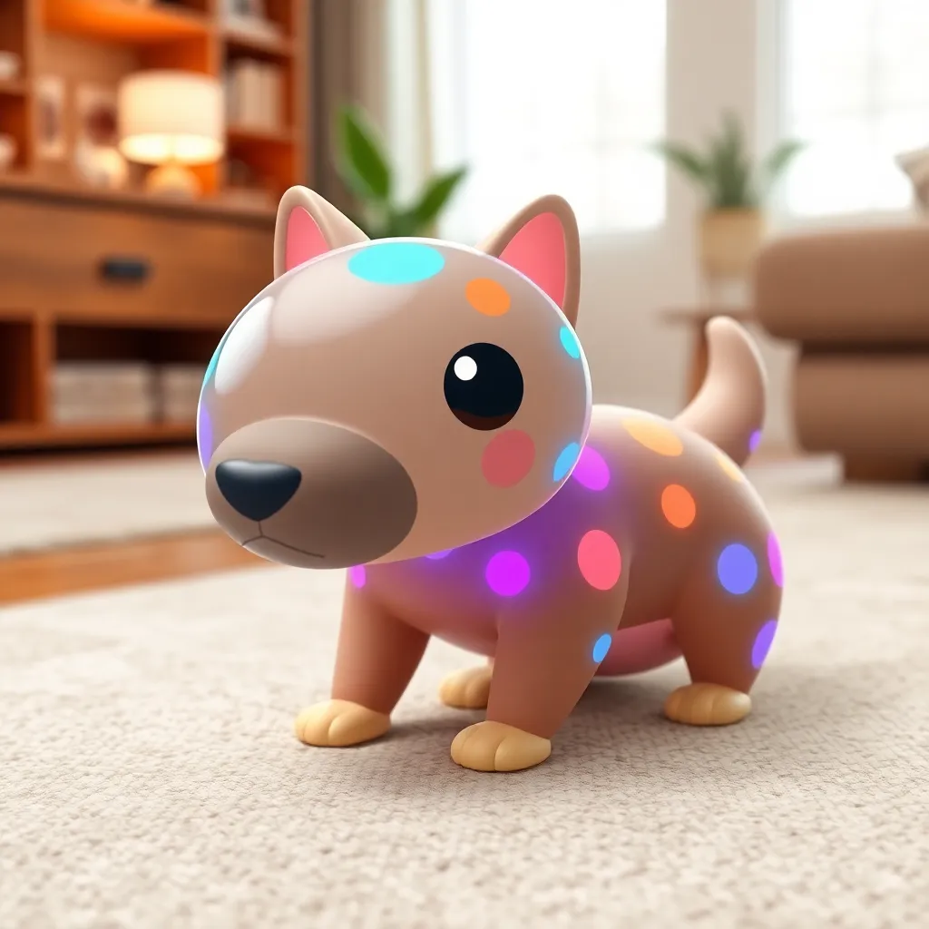 A small, cartoon-style dog toy with bright, colorful spots on a neutral background.