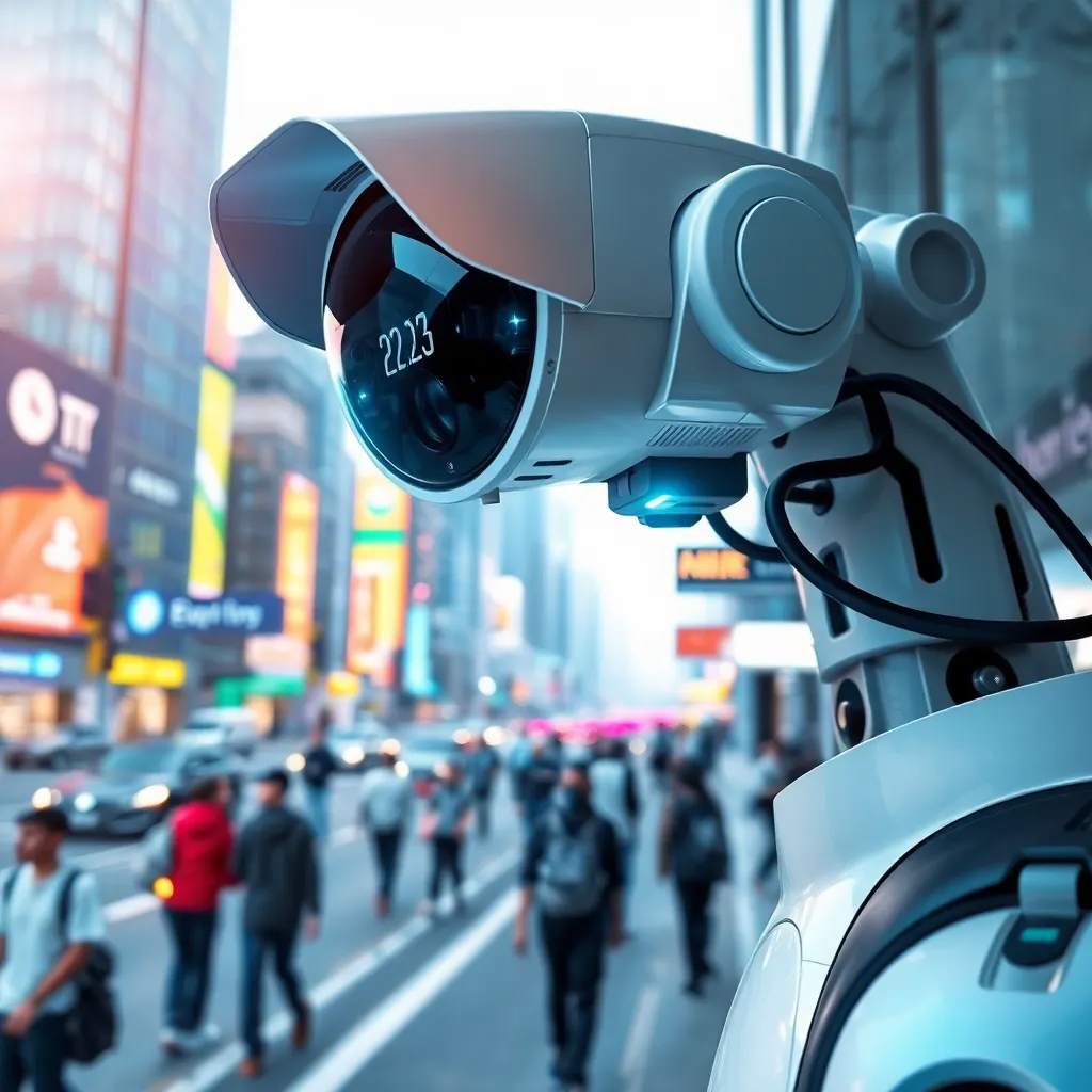 A modern security camera mounted on a building overlooking a busy street.