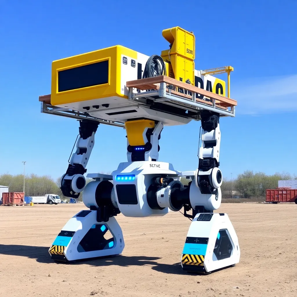 A large, yellow and white robot with articulated legs walking across a barren landscape.