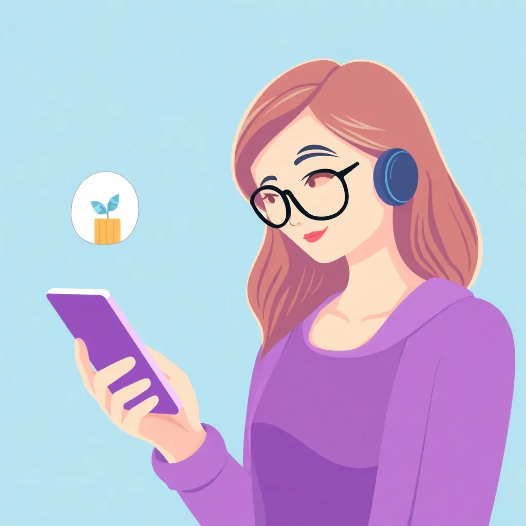 A stylized illustration of a woman with headphones using a tablet or phone.