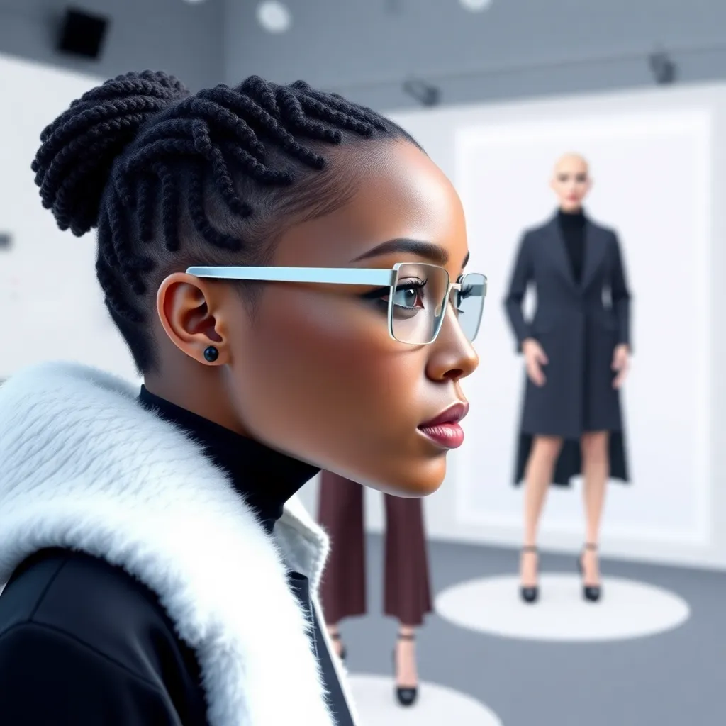 A woman wearing glasses interacts with a virtual display of clothing in a store.