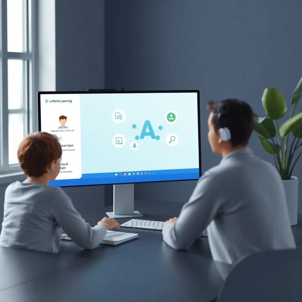 Two people sitting at a desk looking at a computer screen displaying a video conference call.