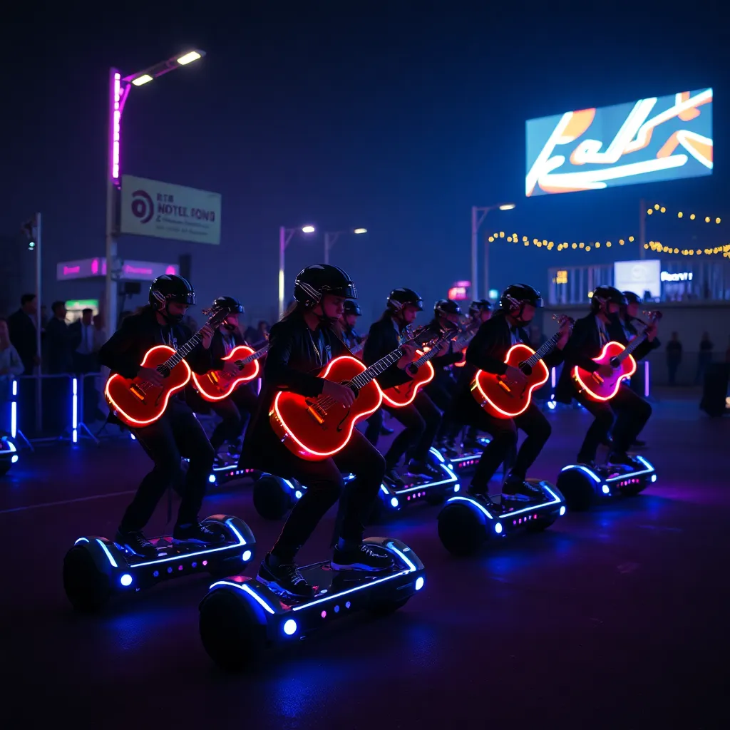 A group of people riding illuminated scooters in a line on a dark street at night.