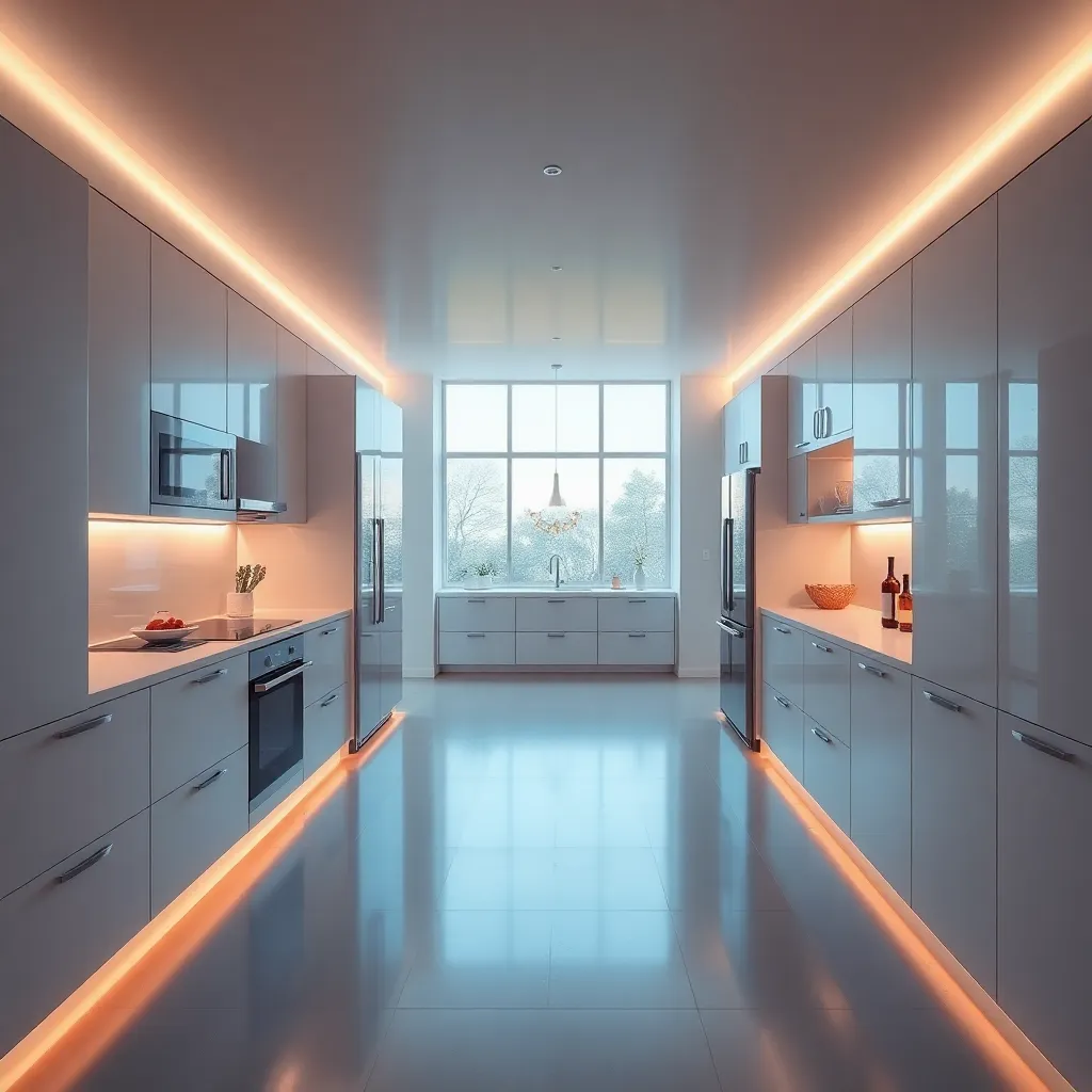 A long, narrow hallway with white walls and glowing orange lights on the ceiling.