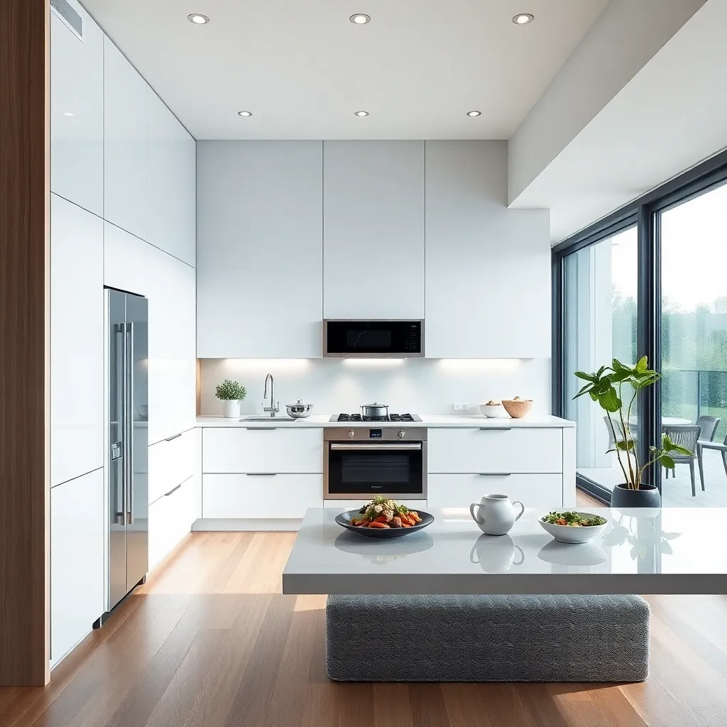 A bright, modern kitchen with white cabinets, a large island, and a hardwood floor.