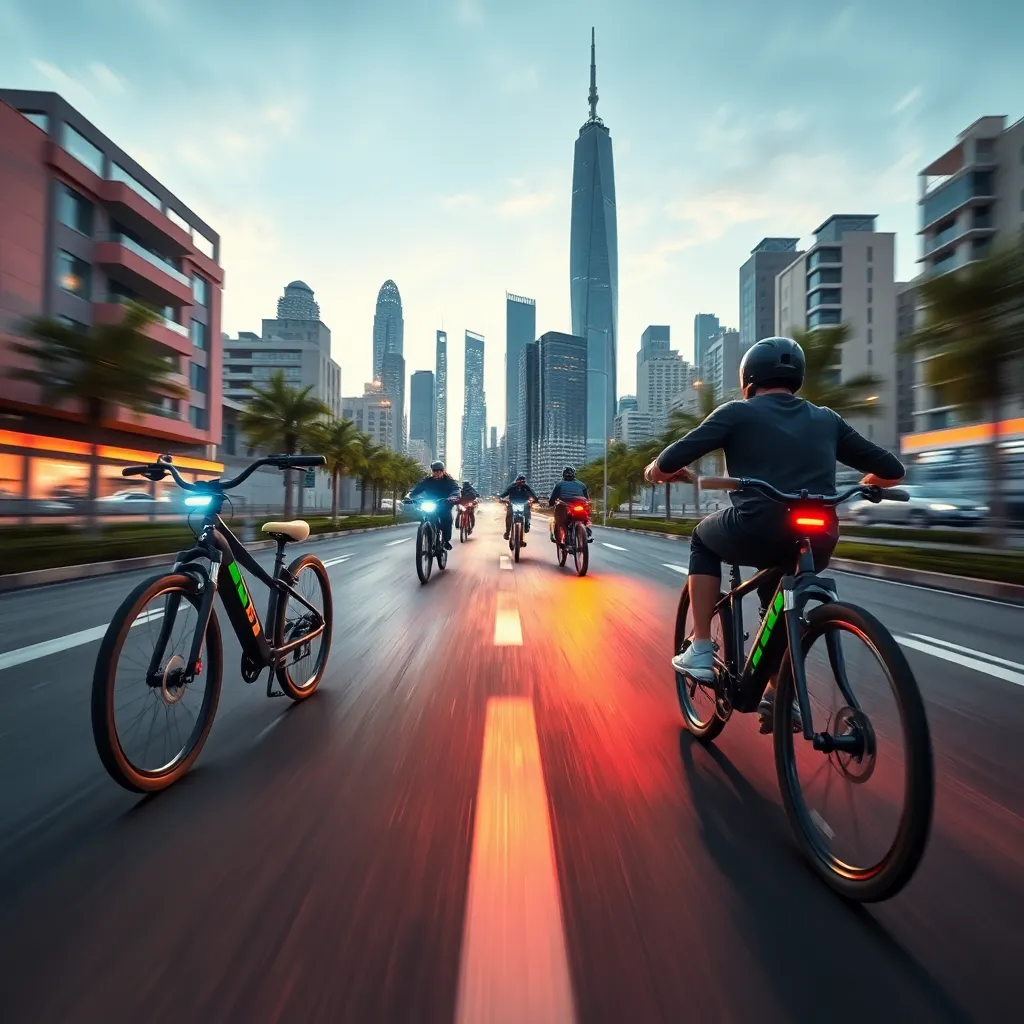 Person on a bicycle in a futuristic cityscape with tall buildings and flying vehicles.