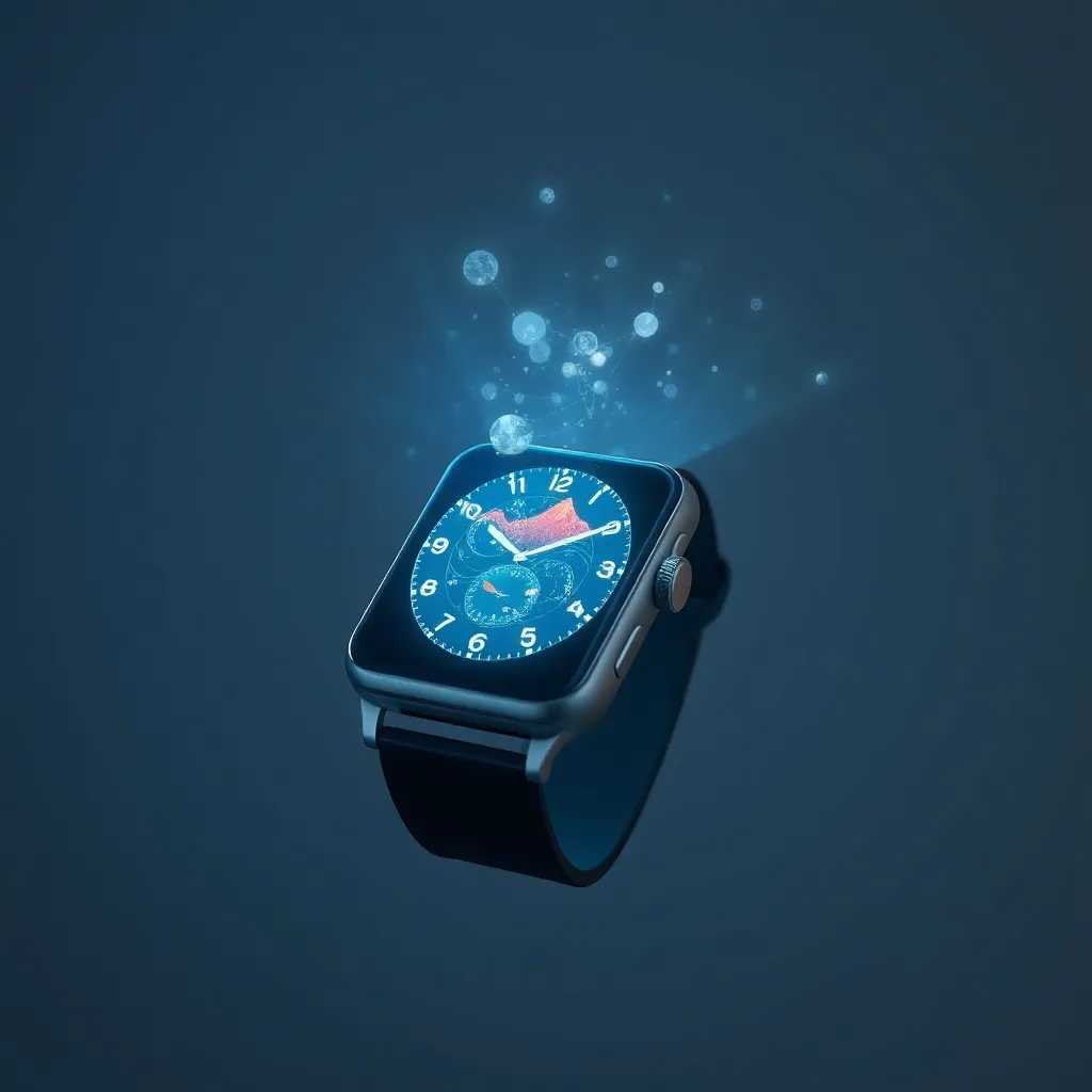 A black smartwatch with a glowing blue interface displaying data and icons.