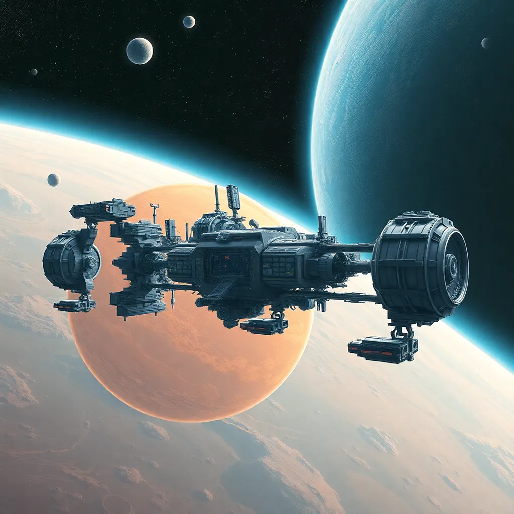 A detailed spaceship orbiting a large, orange planet with other celestial bodies in the background.