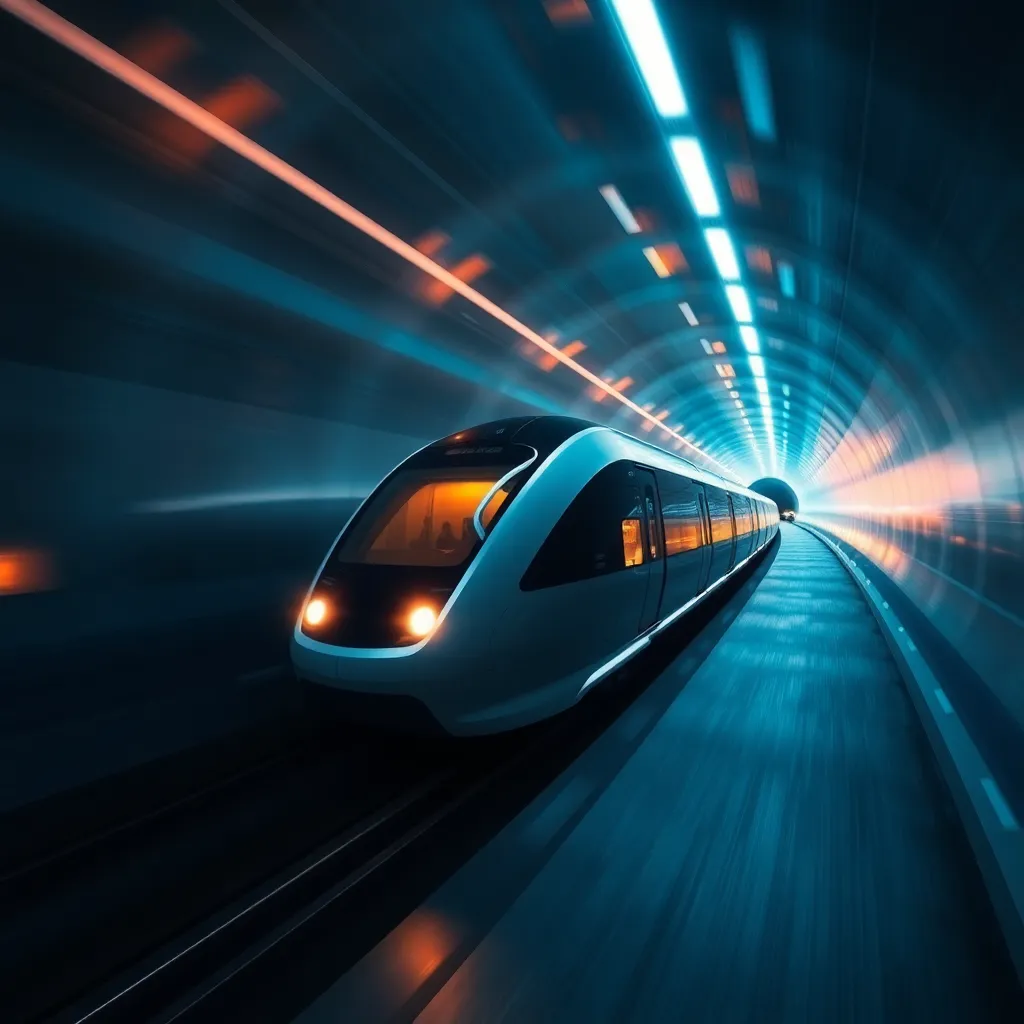 A sleek, silver train speeding through a dark tunnel with glowing blue and red lines.