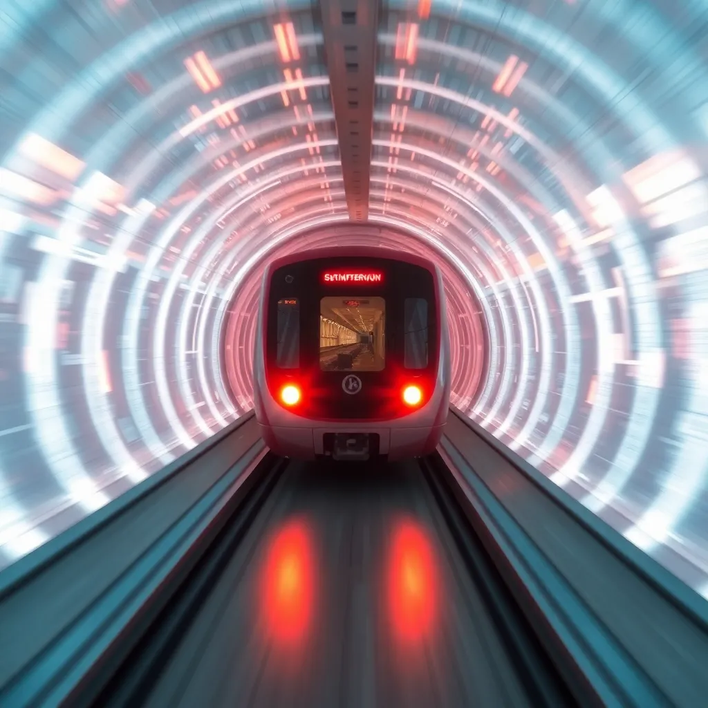 A red and silver train traveling through a futuristic tunnel with bright, circular lights.