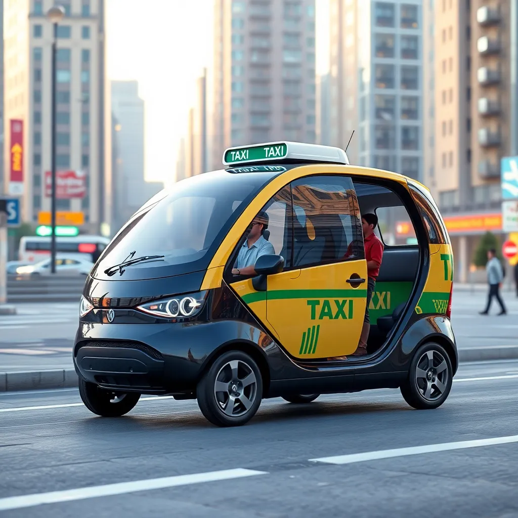 A small, yellow and black autonomous taxi driving on a city street with blurred buildings in the background.