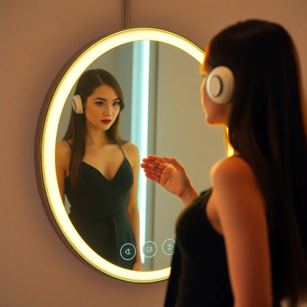 A woman looking at her reflection in a circular mirror with a glowing frame.