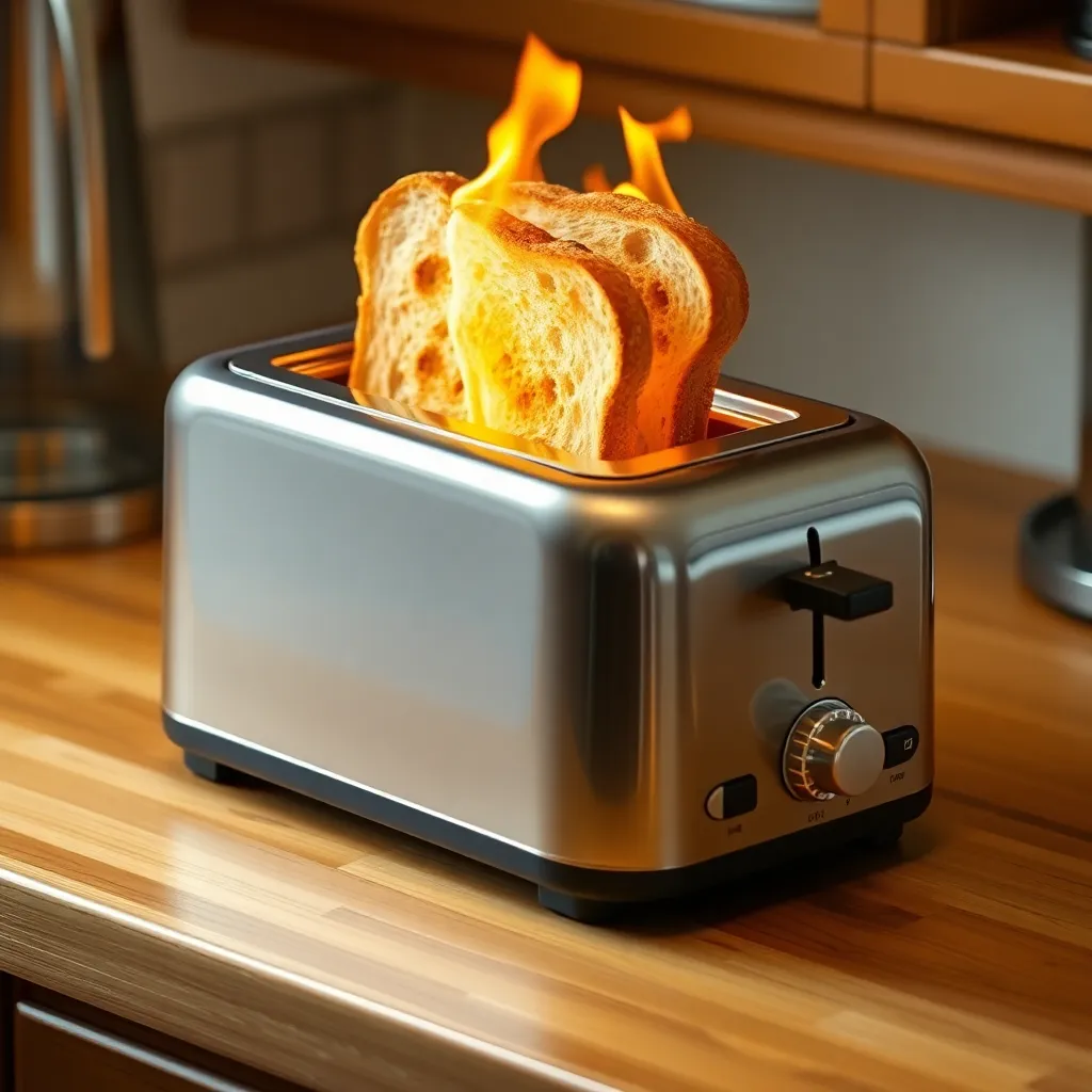 A silver toaster with two slices of burning toast sticking out and flames on top.