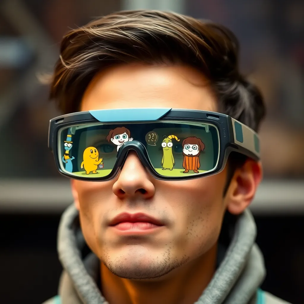 A man wearing futuristic glasses with a display reflecting in the lenses.