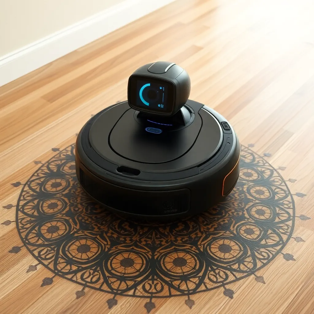 A round, black robotic vacuum cleaner with a blue light on top, cleaning a wooden floor with a patterned design.