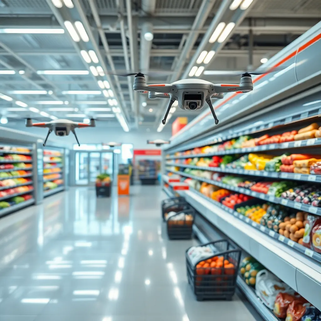 The interior of a brightly lit supermarket with rows of shelves stocked with products.