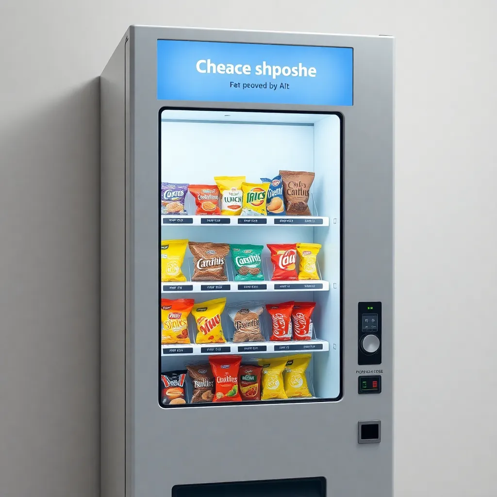 A gray vending machine filled with various snacks and drinks with a digital screen on top.