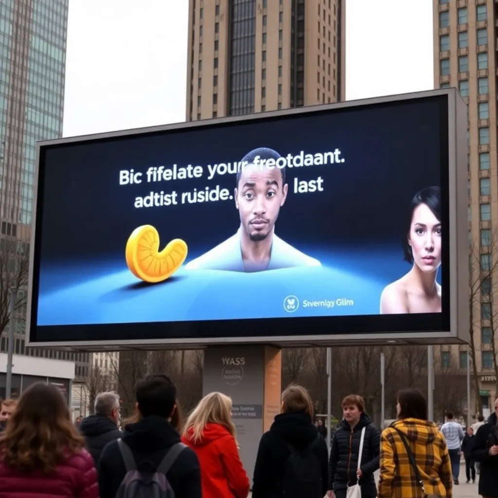 A large digital advertisement screen displaying a person's face and text above a crowd of people.